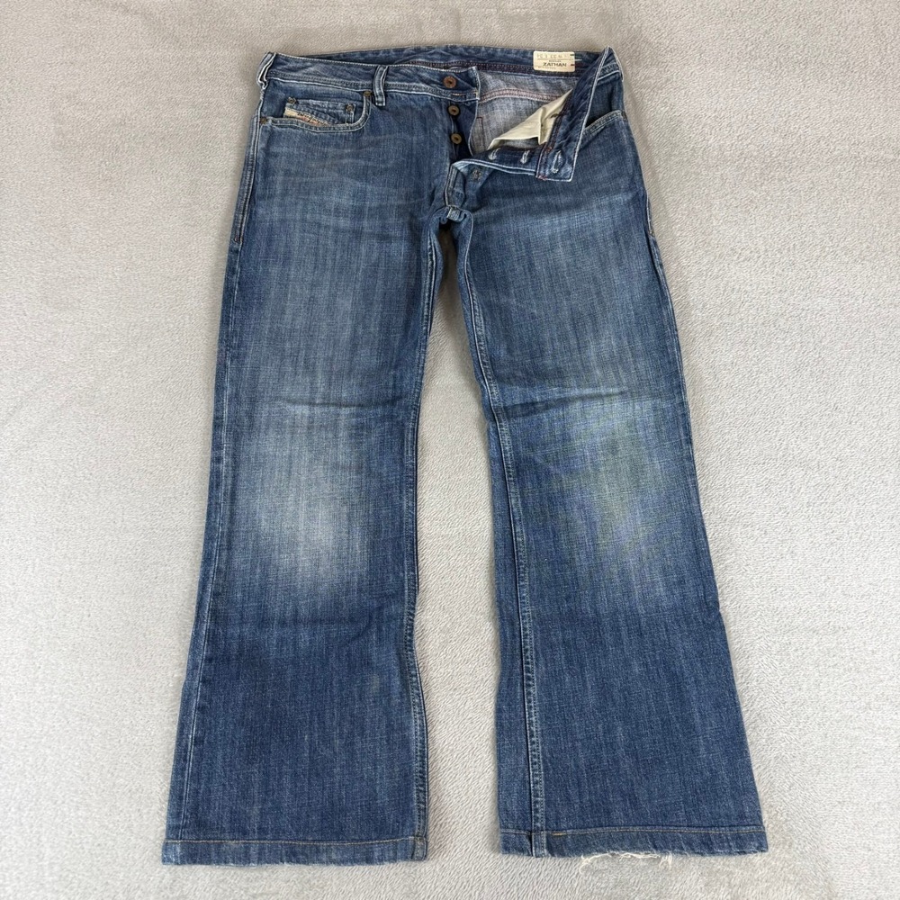 Diesel Zathan Bootcut Jeans Mens 33x28 Blue Denim Button Fly Distressed Italy